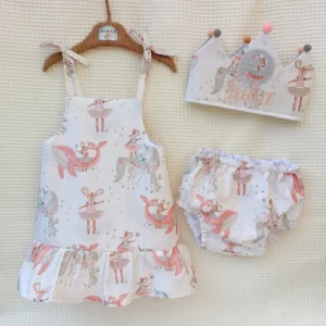 Pack de cumpleaños corona vestido y cubrepañal braguita ballenas y ratitas