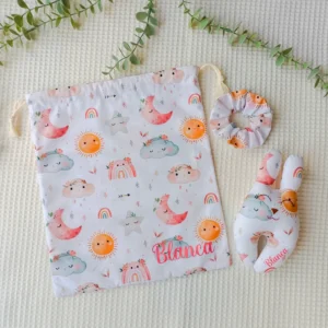 Canastilla bebe artesanal personalizada hecha a mano handmade sol luna nubes estrellas pack 1