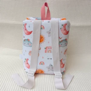 Mochila artesanal guardería hecha a mano handmade Sol Luna Nubes Estrellas detrás